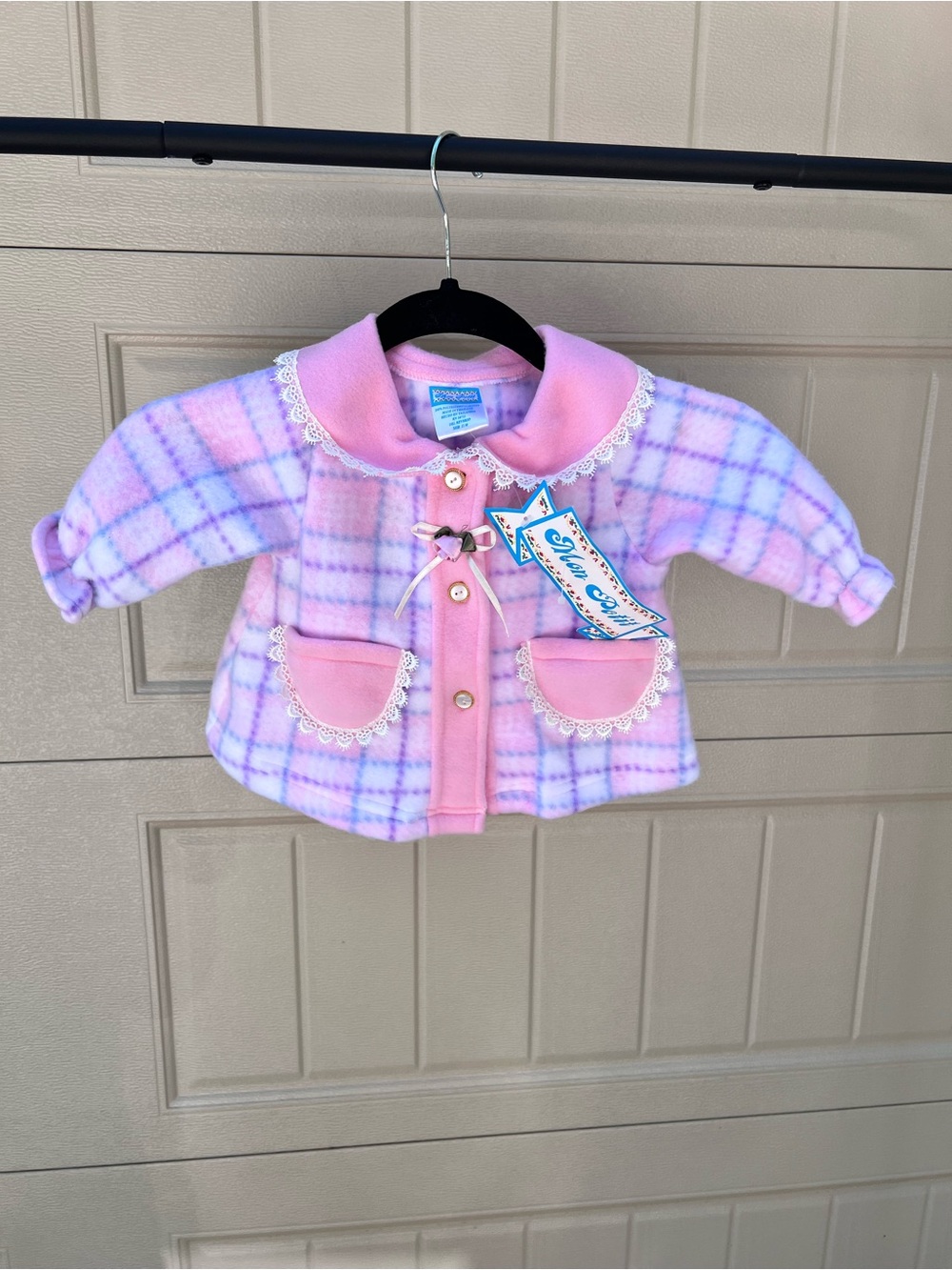 Pink & Lavender Plaid Baby Jacket with Lace Trim cottage core
